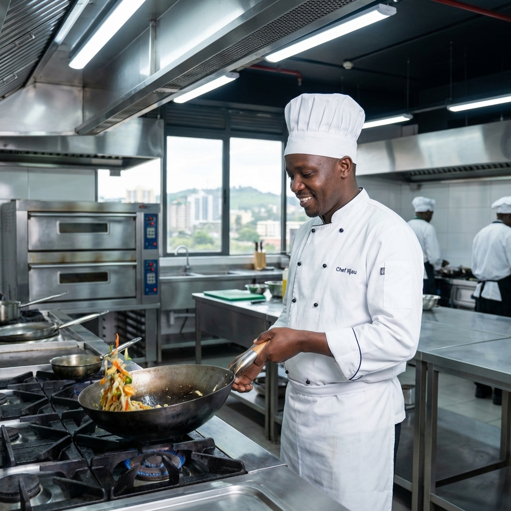 Professional chef training in modern kitchen in Nairobi, Kenya